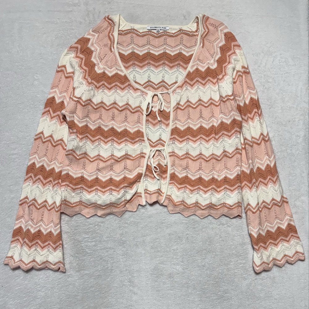 Celebrity Pink Cardigan Sweater Juniors 2XL Pink Chevron Tie Front Open Knit